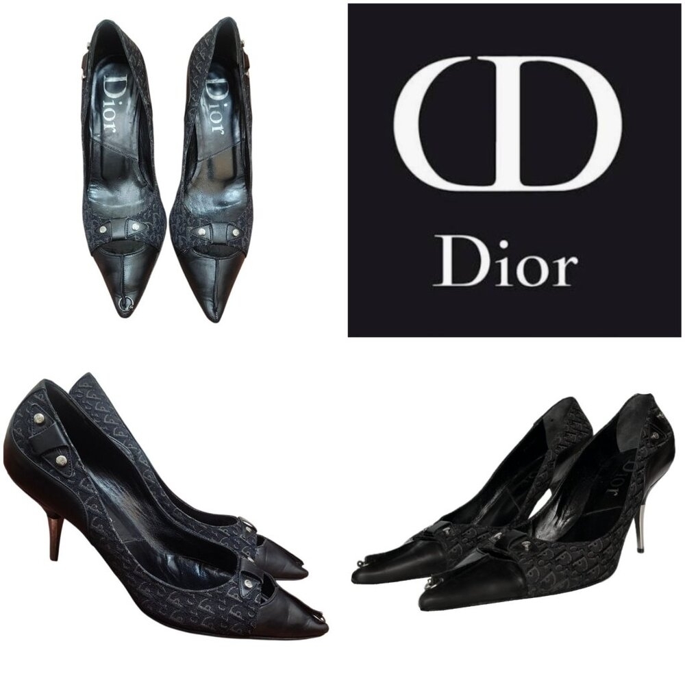 Christian Dior Monogram Heels 36 Black Logo Canvas Leather Pointed Toe Pumps